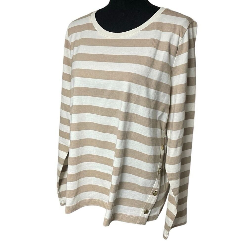 J Crew Tan and White Stripe Button Detail Top N0530